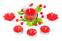 Набор подарочный "Нежность" красный, 22х13х5 см,  3 чайные свечи + 2 свечи в виде лотоса  + подсвечник из стекла