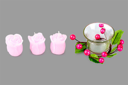Набор подарочный "Нежность" розовый, 15х11х5 см,  3 свечи в виде розы + подсвечник из стекла
